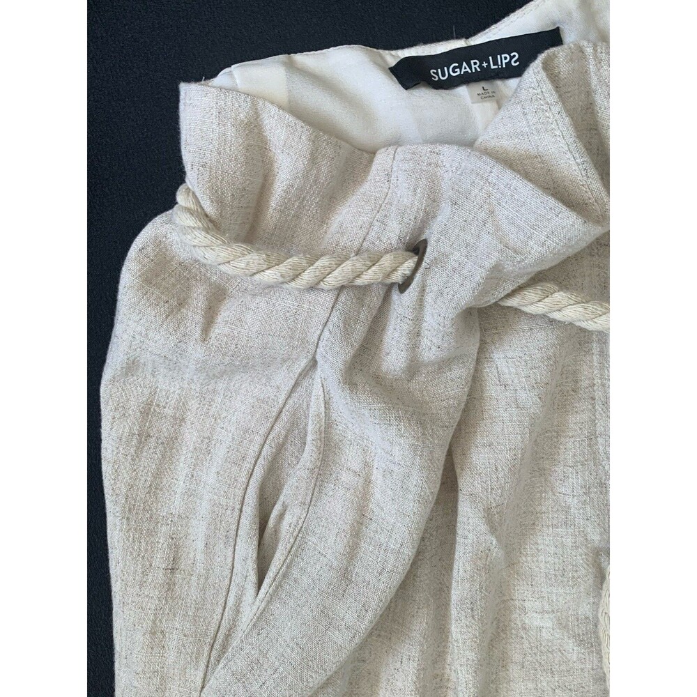Linen Blend Pleated Pants Rope Belt Large Beige Natural Coastal Cottage Beach - Picture 5 of 16